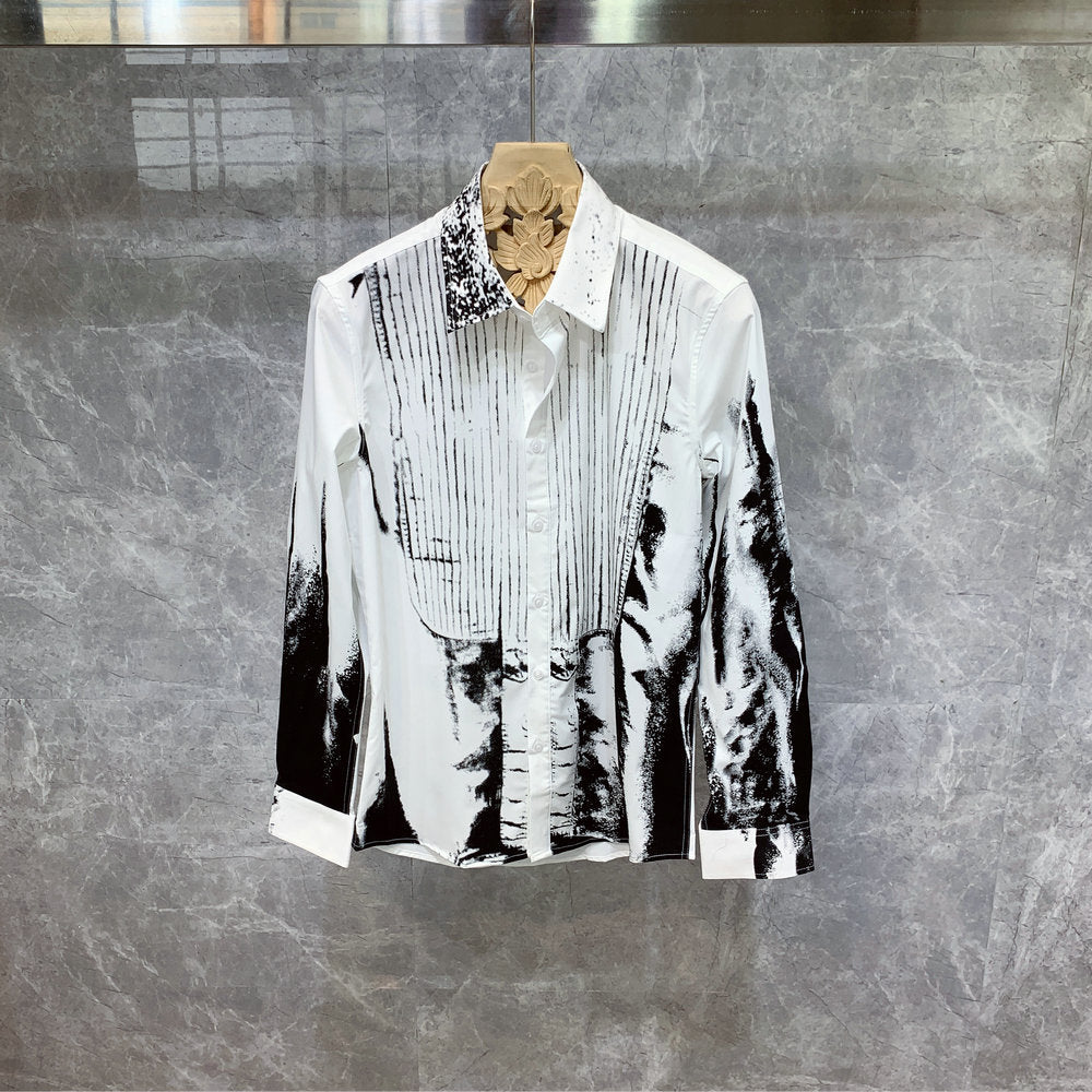 British Style Design Sense Printed Long Sleeve Shirt Men'S Korean Fashion Thin Hong Kong Style Ruffian Handsome Shirt Fashion Inch Shirt