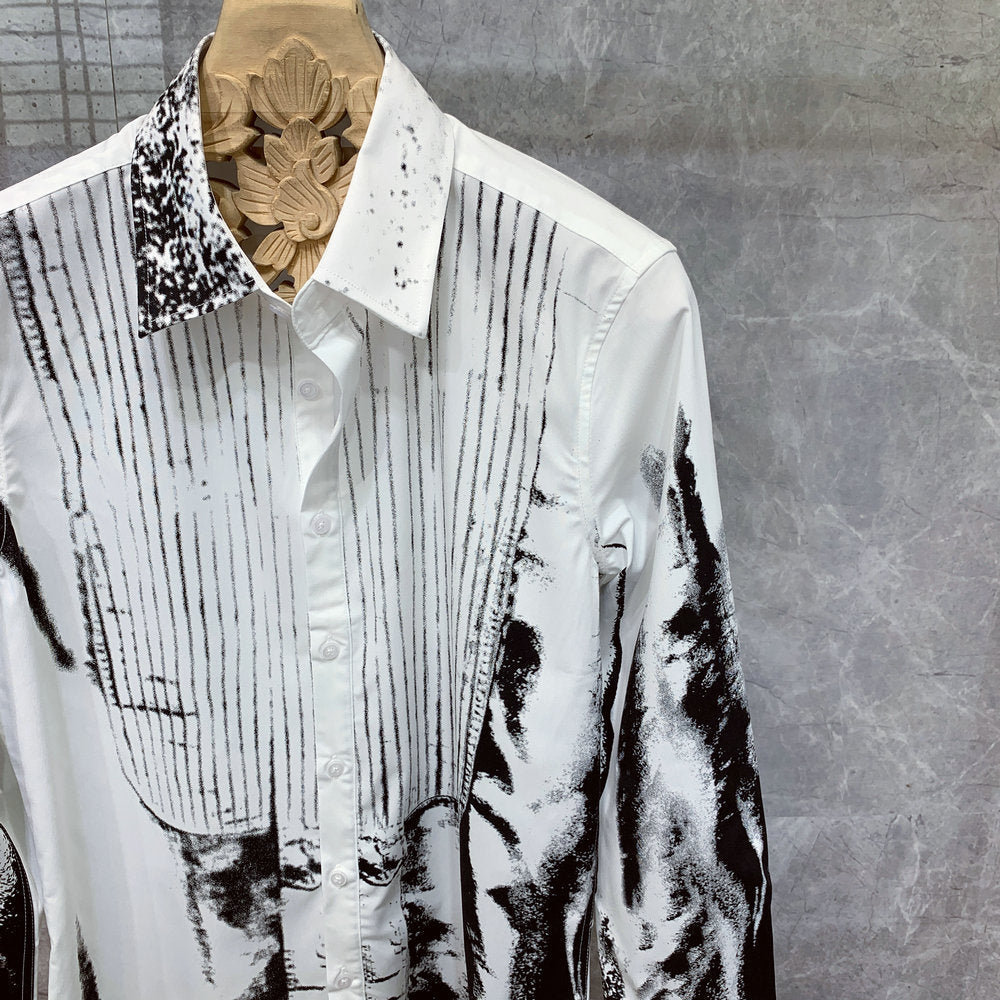 British Style Design Sense Printed Long Sleeve Shirt Men'S Korean Fashion Thin Hong Kong Style Ruffian Handsome Shirt Fashion Inch Shirt