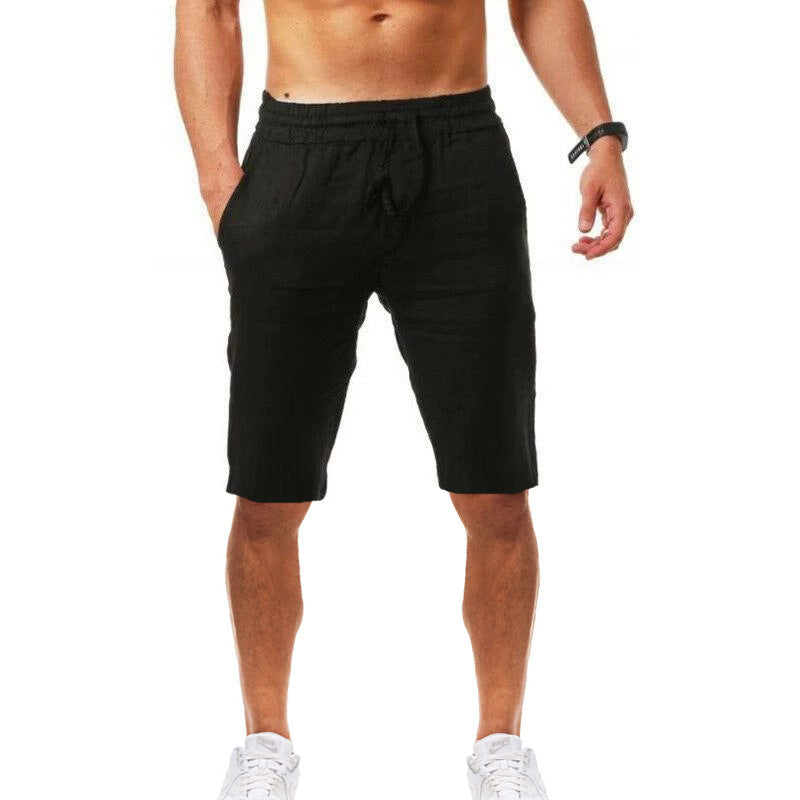 Pure Color Cotton And Linen Sports Casual Shorts Men'S Comfortable Breathable Five-Point Pants Jogging Pants