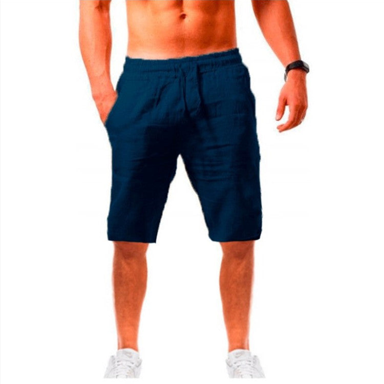 Pure Color Cotton And Linen Sports Casual Shorts Men'S Comfortable Breathable Five-Point Pants Jogging Pants