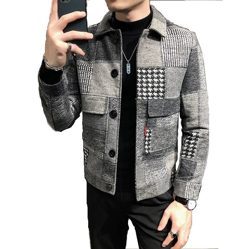 New men's spliced woolen check slim jacket
