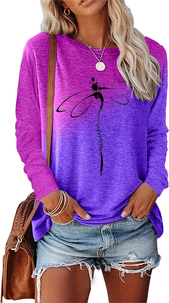 Dragonfly Pattern Round Neck Long Sleeve Women's T-shirt Tops