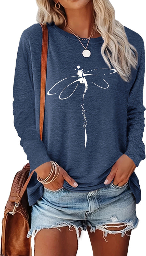 Dragonfly Pattern Round Neck Long Sleeve Women's T-shirt Tops