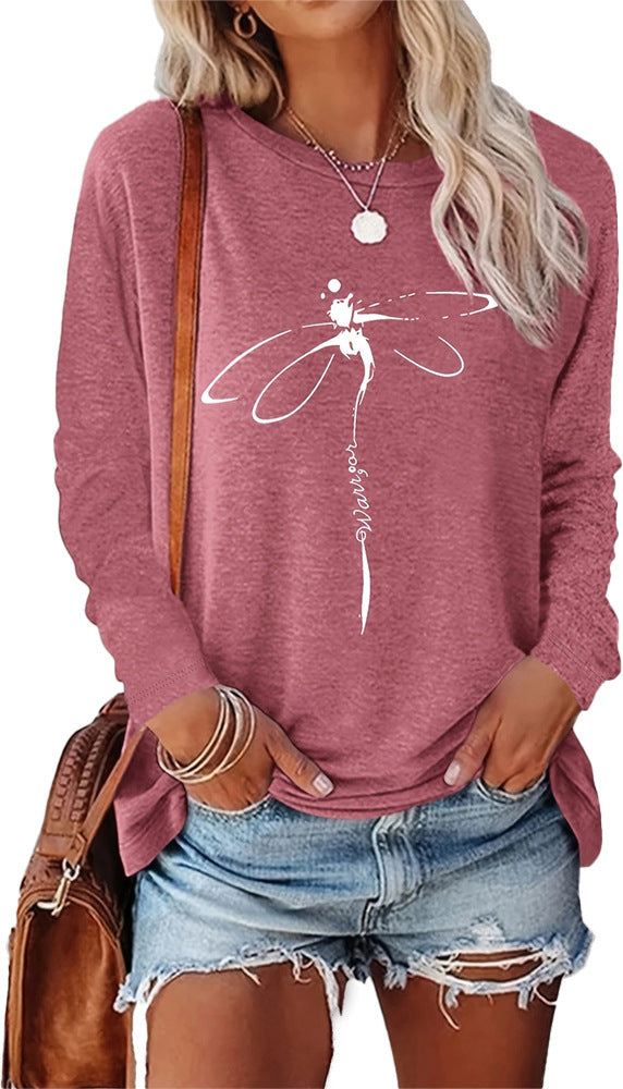 Dragonfly Pattern Round Neck Long Sleeve Women's T-shirt Tops