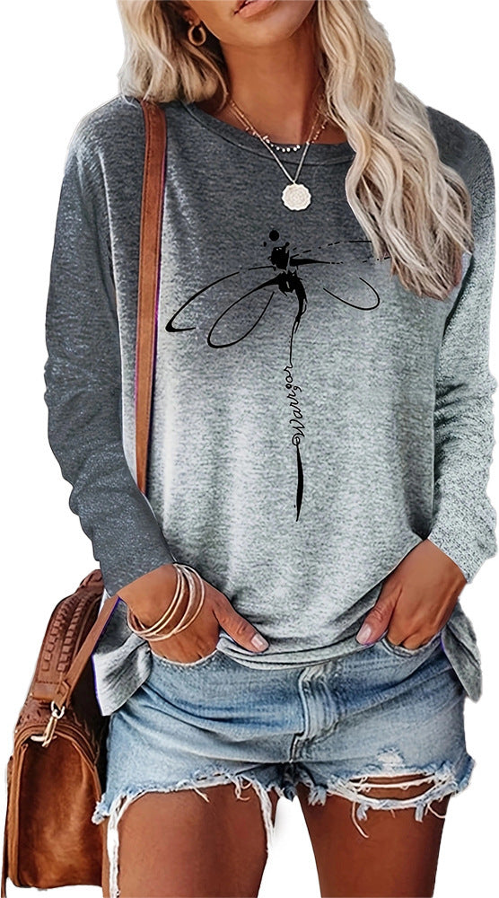 Dragonfly Pattern Round Neck Long Sleeve Women's T-shirt Tops