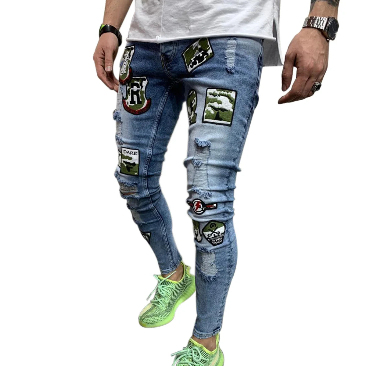 2 Styles Men Stretchy Ripped Skinny Biker Embroidery Print Jeans Destroyed Hole Taped Slim Fit Denim Scratched High Quality Jean