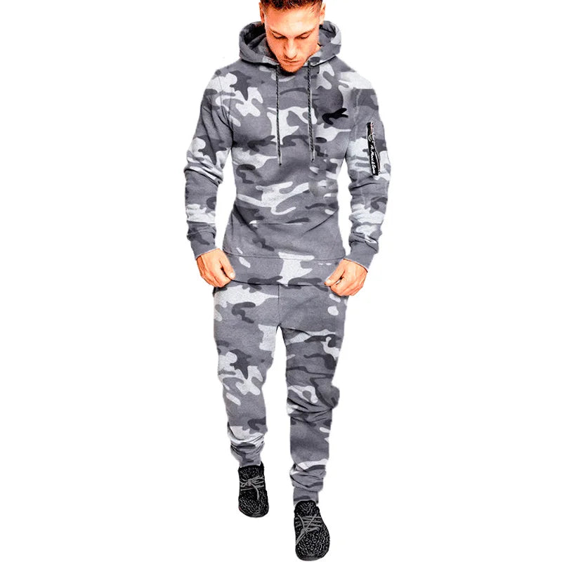 Camo Men Tracksuit Hooded Outerwear Hoodie Set 2 Pieces Autumn Sporting Male Fitness Camouflage Sweatshirts Jacket + Pants Sets