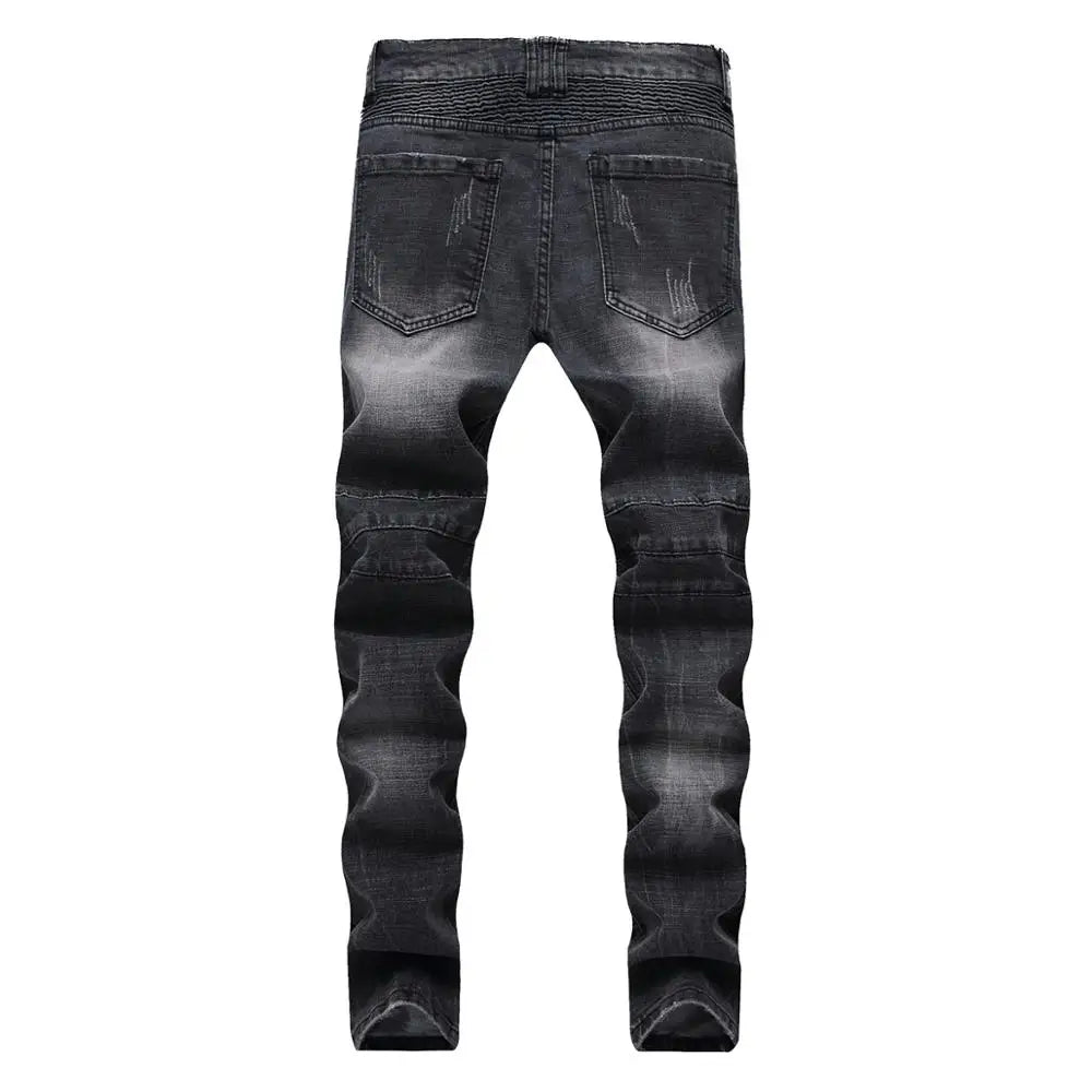 2021 Fashion Hip Hop Patch Men Retro Jeans Knee Rap Hole Zipped Biker Jeans Men Loose Slim Destroyed Torn Ripped Denim Man Jeans