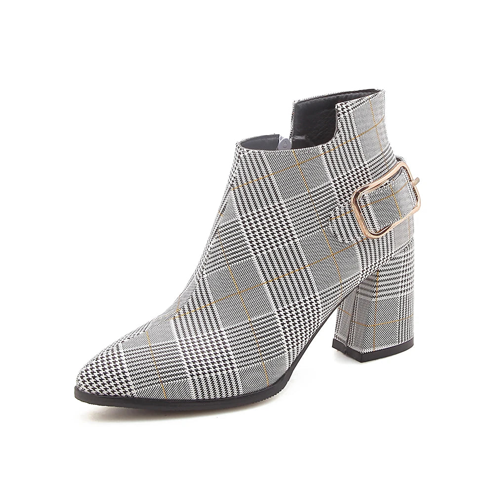 2021 Large Size Women Boots Fashion Plaid Pointed Toe High Heels Women's Shoes Sexy Autumn Winter Ankle Boots female