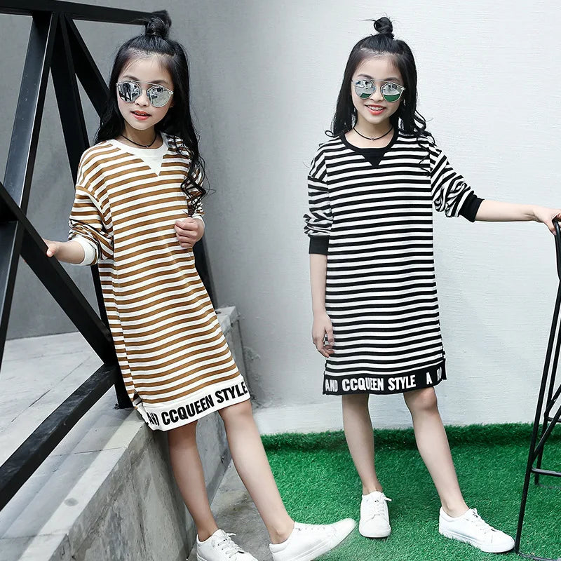 Children's Dress Girls Spring and Autumn Striped Letter Long Casual Blouse Shirt Middle School Student Clothes 4 8 10 12 Ages