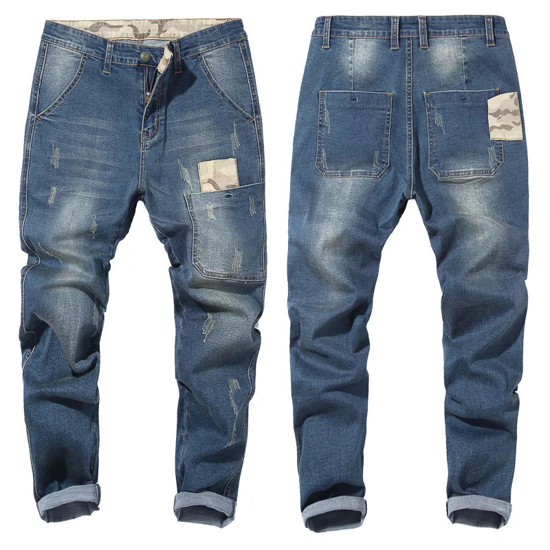 Autumn Men Camouflage splice Slim Stretch Jeans Classic Multi-pocket cotton male Casual denim Pants trousers Plus Size 44 46 48