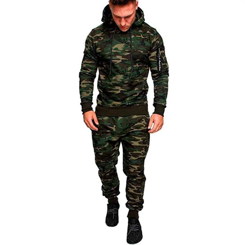 Camo Men Tracksuit Hooded Outerwear Hoodie Set 2 Pieces Autumn Sporting Male Fitness Camouflage Sweatshirts Jacket + Pants Sets