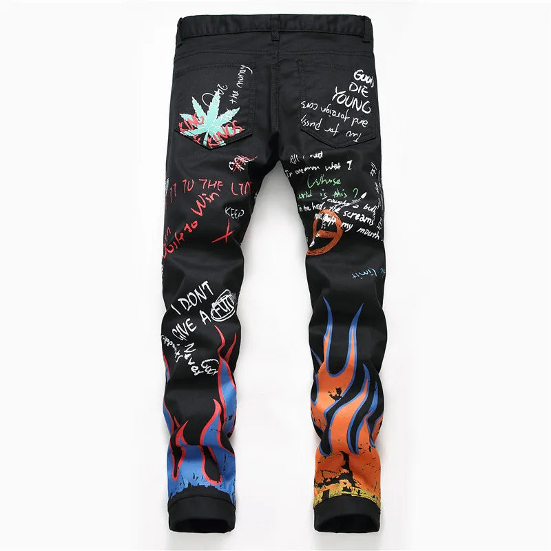 2021 Fashion New Men's Male Letters Flame Printed Jeans Slim Straight Skull Graffiti Colored Painted Stretch Pants
