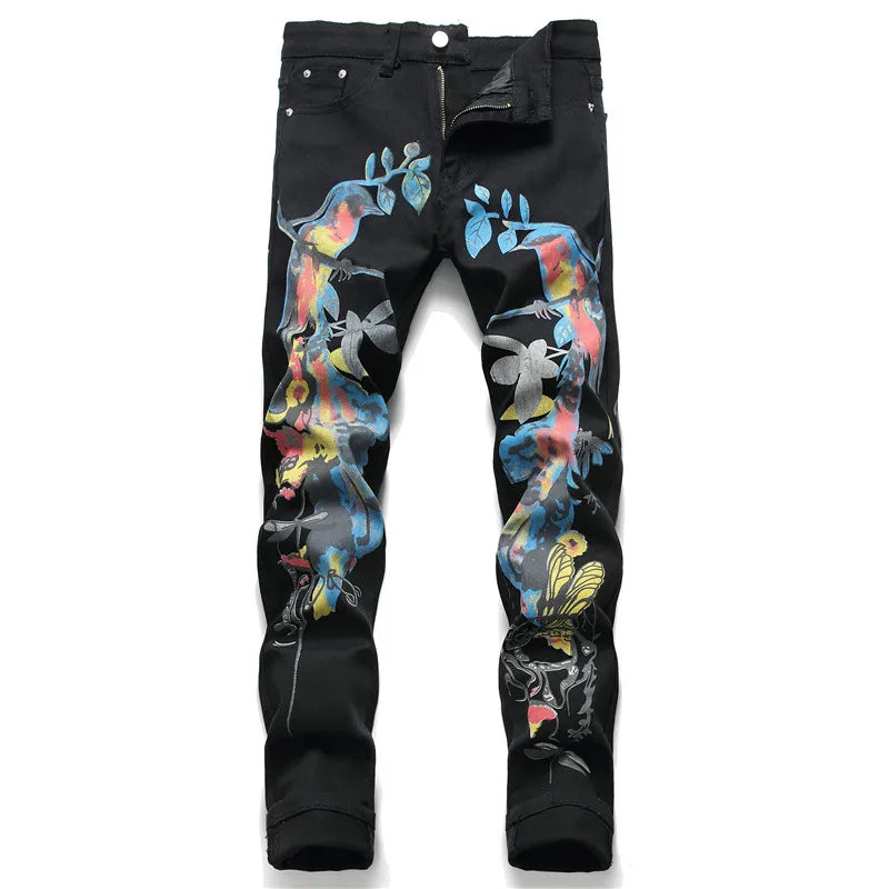 2021 Fashion New Men's Male Letters Flame Printed Jeans Slim Straight Skull Graffiti Colored Painted Stretch Pants
