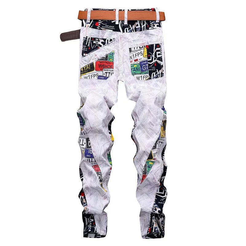 2021 New European American Men Colored Jeans Spring Alphabet Digital Printing Pants Men's Slim Fashion Stretch Casual Trousers