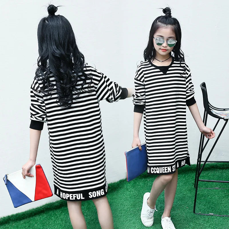Children's Dress Girls Spring and Autumn Striped Letter Long Casual Blouse Shirt Middle School Student Clothes 4 8 10 12 Ages