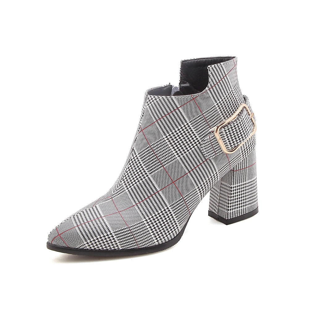 2021 Large Size Women Boots Fashion Plaid Pointed Toe High Heels Women's Shoes Sexy Autumn Winter Ankle Boots female