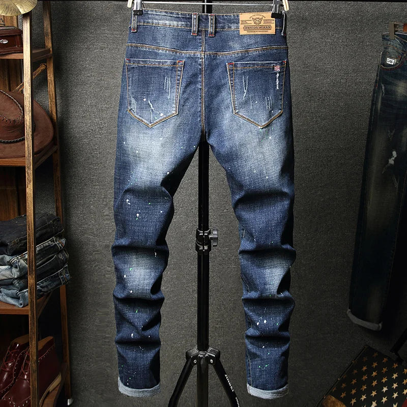 2023 Men Hip Hop Ripped distressed Stretch Slim Fit Jeans Trousers streetwear man holes Ink printed Casual beggar Denim pants