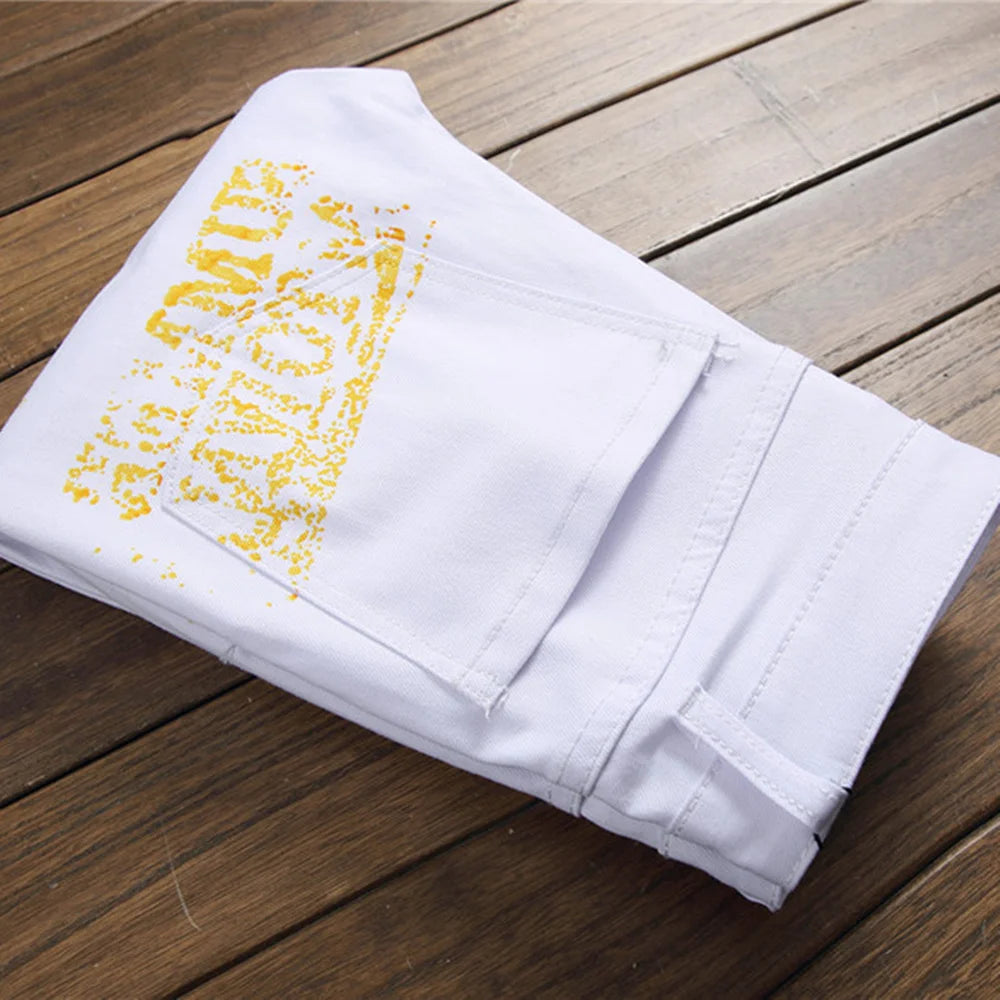 New European-Style Digital Print Men Jeans Slim Fashionable Trousers Stretch Pants Small Feet Casual High Quality Denim Pants