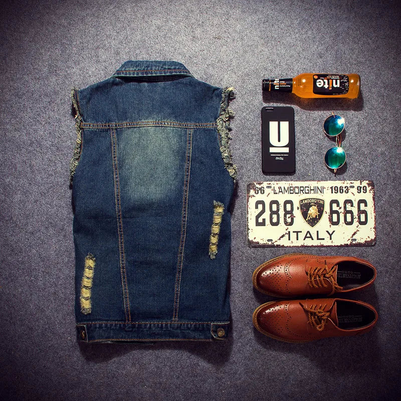 2023 Ripped Jean Jacket Men's Denim Vest Hip Hop Jean Coats Waistcoat Men Cowboy Brand Sleeveless Jacket Male Tank Plus Size 6XL