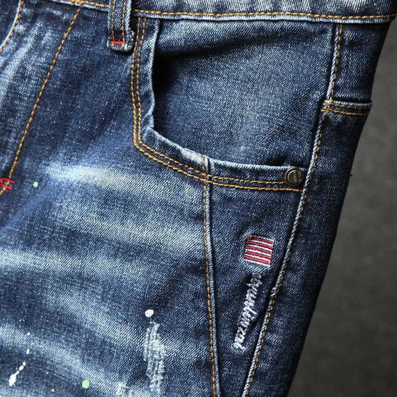 2023 Men Hip Hop Ripped distressed Stretch Slim Fit Jeans Trousers streetwear man holes Ink printed Casual beggar Denim pants