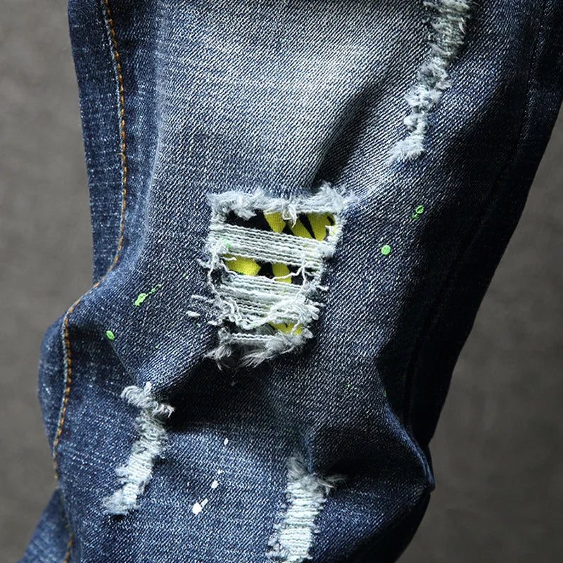 2023 Men Hip Hop Ripped distressed Stretch Slim Fit Jeans Trousers streetwear man holes Ink printed Casual beggar Denim pants