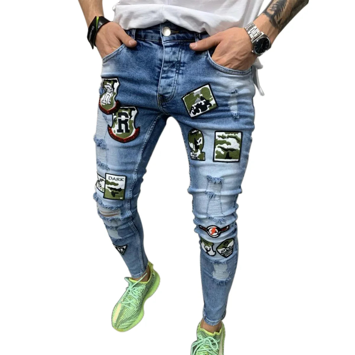 2 Styles Men Stretchy Ripped Skinny Biker Embroidery Print Jeans Destroyed Hole Taped Slim Fit Denim Scratched High Quality Jean