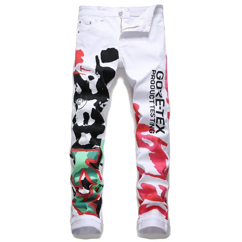 2021 Fashion New Men's Male Letters Flame Printed Jeans Slim Straight Skull Graffiti Colored Painted Stretch Pants