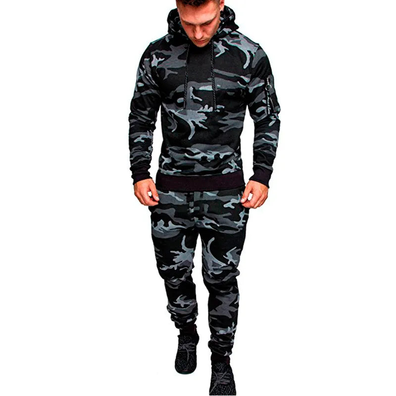 Camo Men Tracksuit Hooded Outerwear Hoodie Set 2 Pieces Autumn Sporting Male Fitness Camouflage Sweatshirts Jacket + Pants Sets