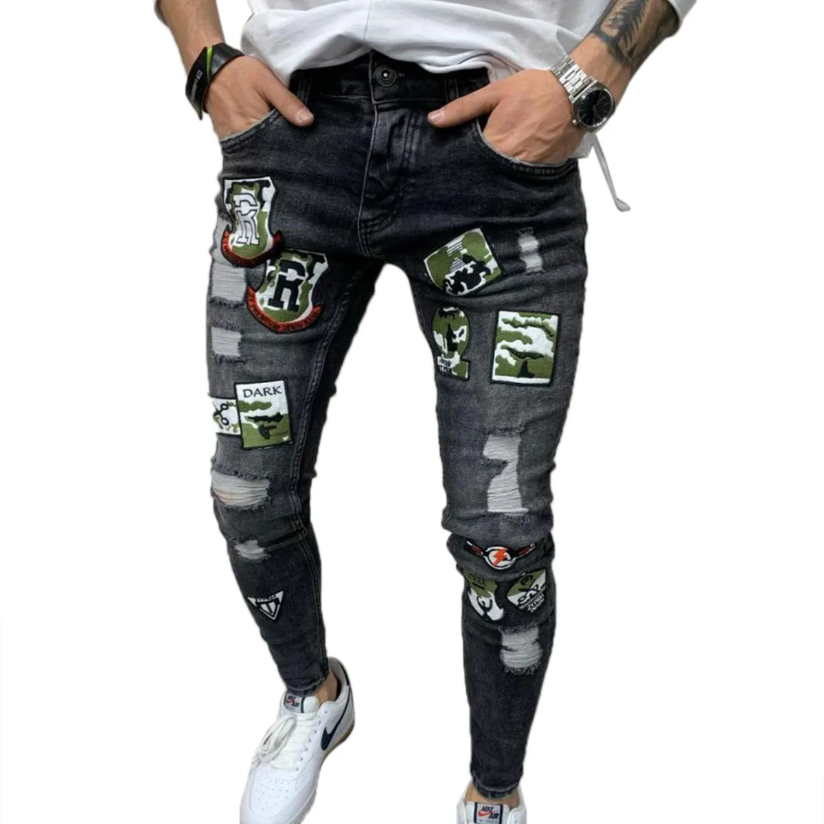 2 Styles Men Stretchy Ripped Skinny Biker Embroidery Print Jeans Destroyed Hole Taped Slim Fit Denim Scratched High Quality Jean