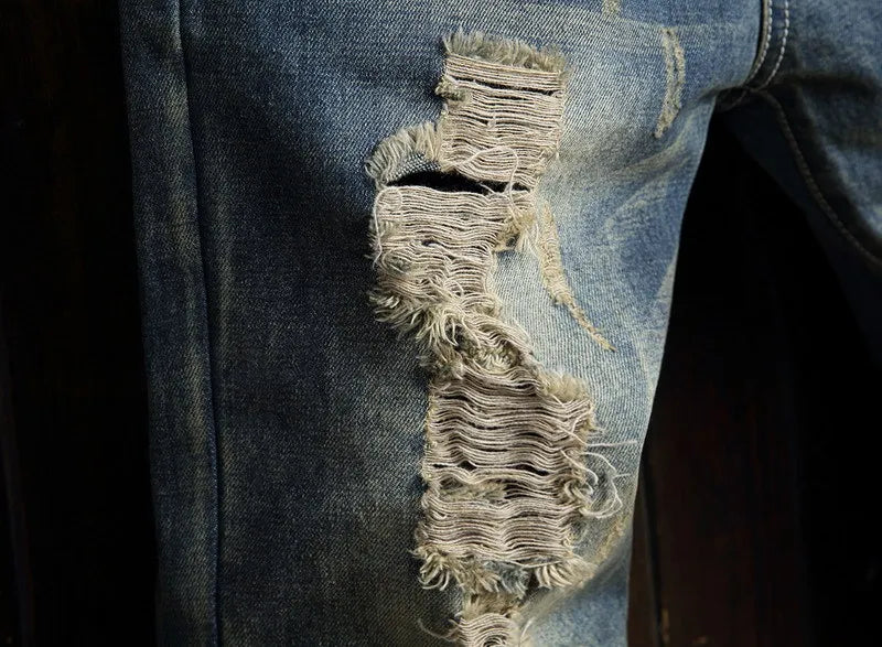 Ripped Jeans for Men Straight Loose Fit 2023 Spring and Summer Hollow Out Street Wear Hip Hop Pants Men's Biker Jeans Distressed