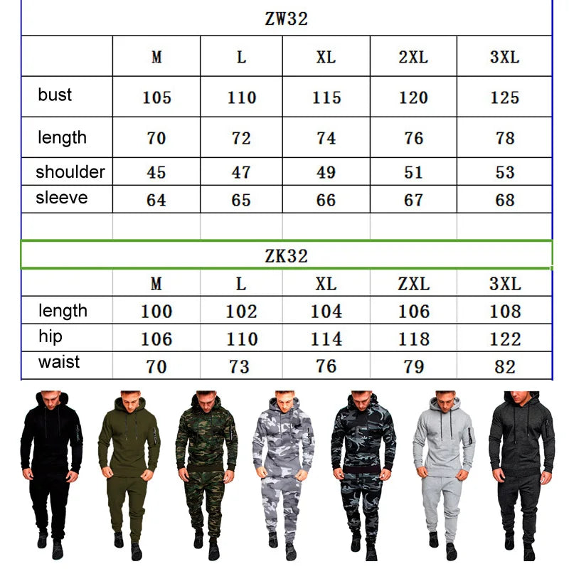Camo Men Tracksuit Hooded Outerwear Hoodie Set 2 Pieces Autumn Sporting Male Fitness Camouflage Sweatshirts Jacket + Pants Sets
