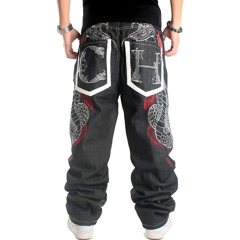 Fashion Printed Jeans New Loose Hip Hop Jeans Homme Python Embroidery Hip-hop Denim Harem Pants Overalls Men Straight Jeans