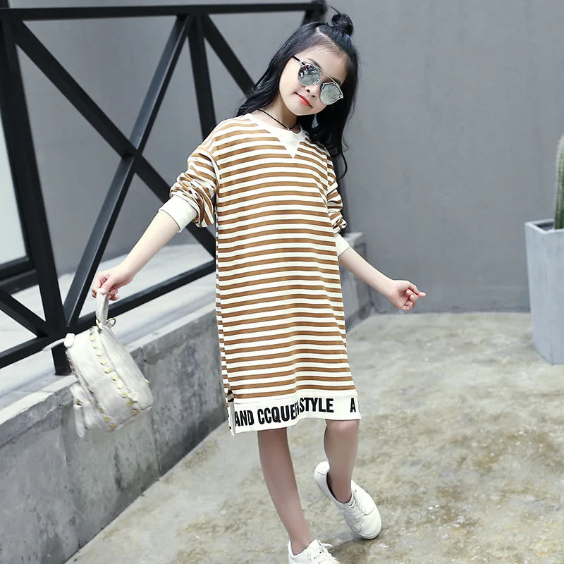 Children's Dress Girls Spring and Autumn Striped Letter Long Casual Blouse Shirt Middle School Student Clothes 4 8 10 12 Ages