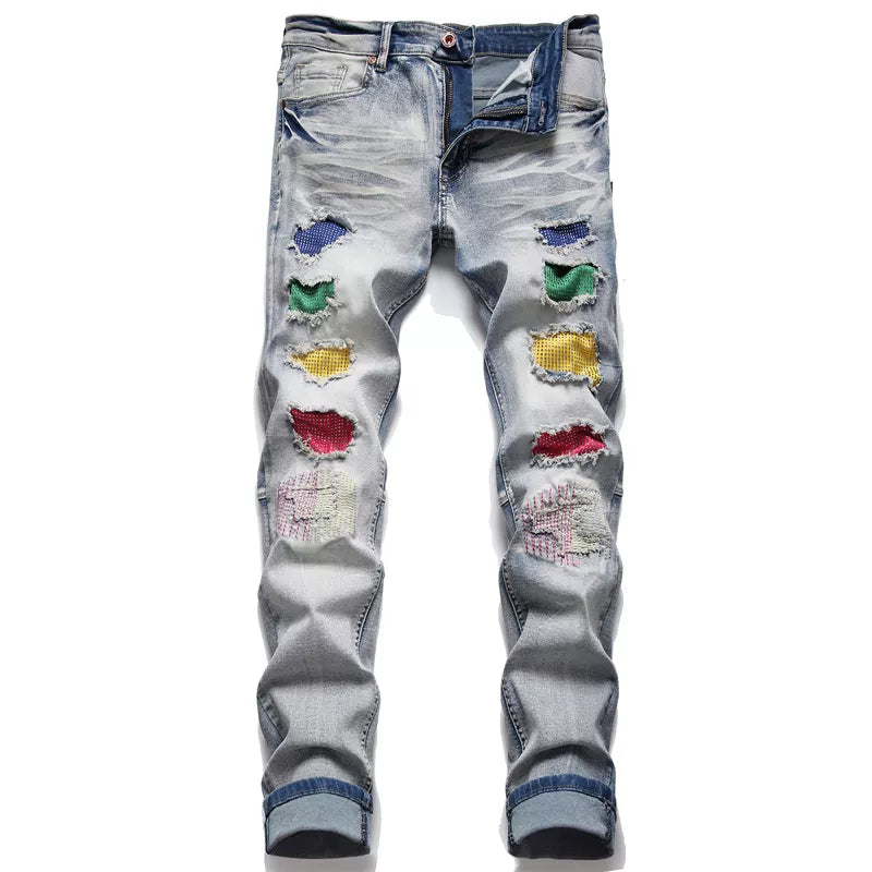2023 Dropshipping Mens Biker Jeans Pants Light Ripped Moto Denim Man Pleated Scratched Motorcycle Slim Jean Trousers
