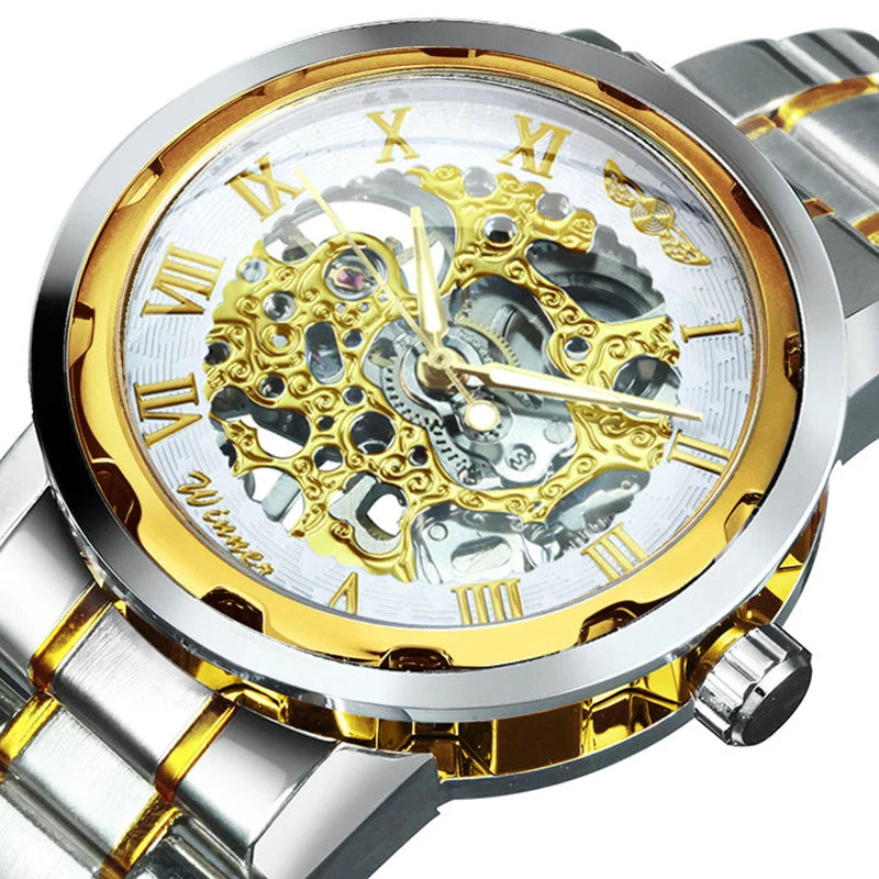 WINNER Gold Skeleton Watch for Men Mechanical Wristwatches Stainless Steel Strap Mens Watches Top Brand Luxury Male Clock 2023