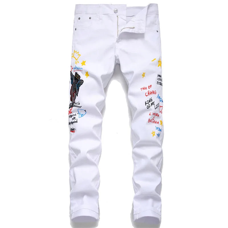 2021 Fashion New Men's Male Letters Flame Printed Jeans Slim Straight Skull Graffiti Colored Painted Stretch Pants