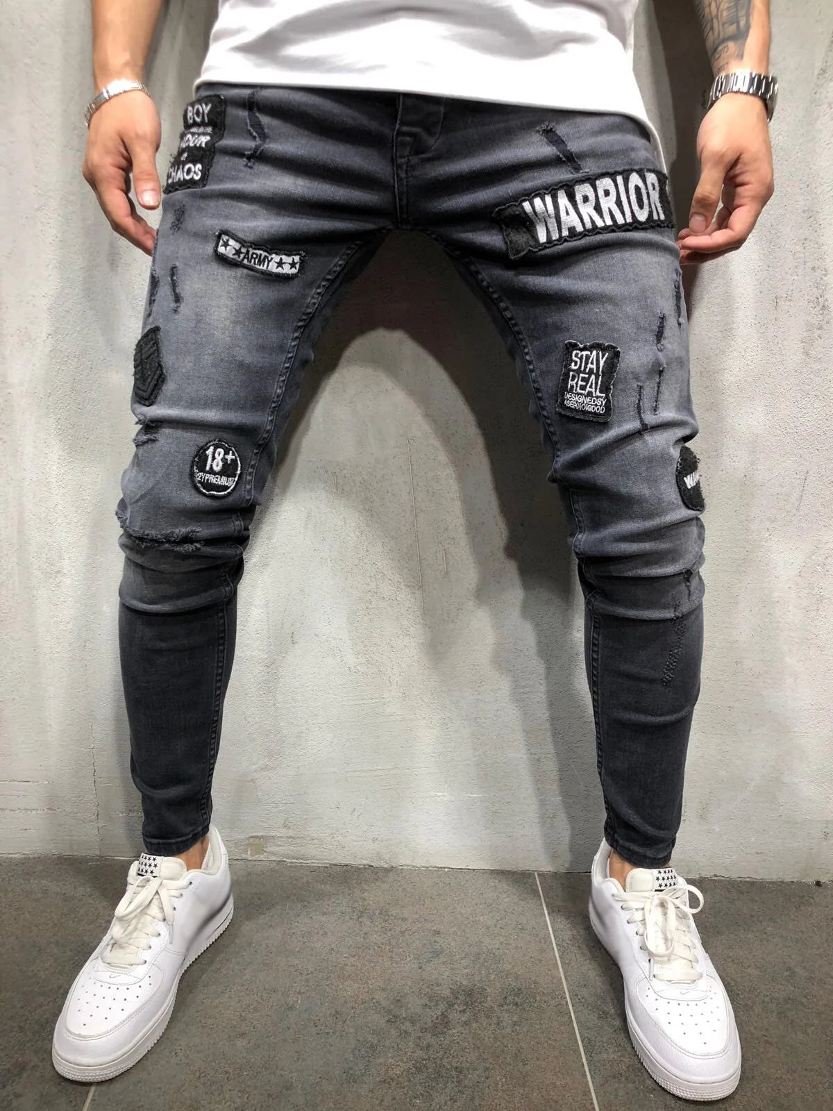 Skinny Hole Ripped Denim Jeans for Men Hip Hop Slim Fit Streetwear Patchwork Badge Distressed Black Pencil Pants