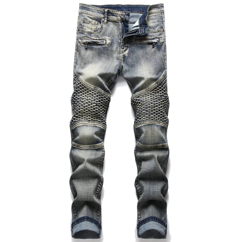 2023 Dropshipping Mens Biker Jeans Pants Light Ripped Moto Denim Man Pleated Scratched Motorcycle Slim Jean Trousers
