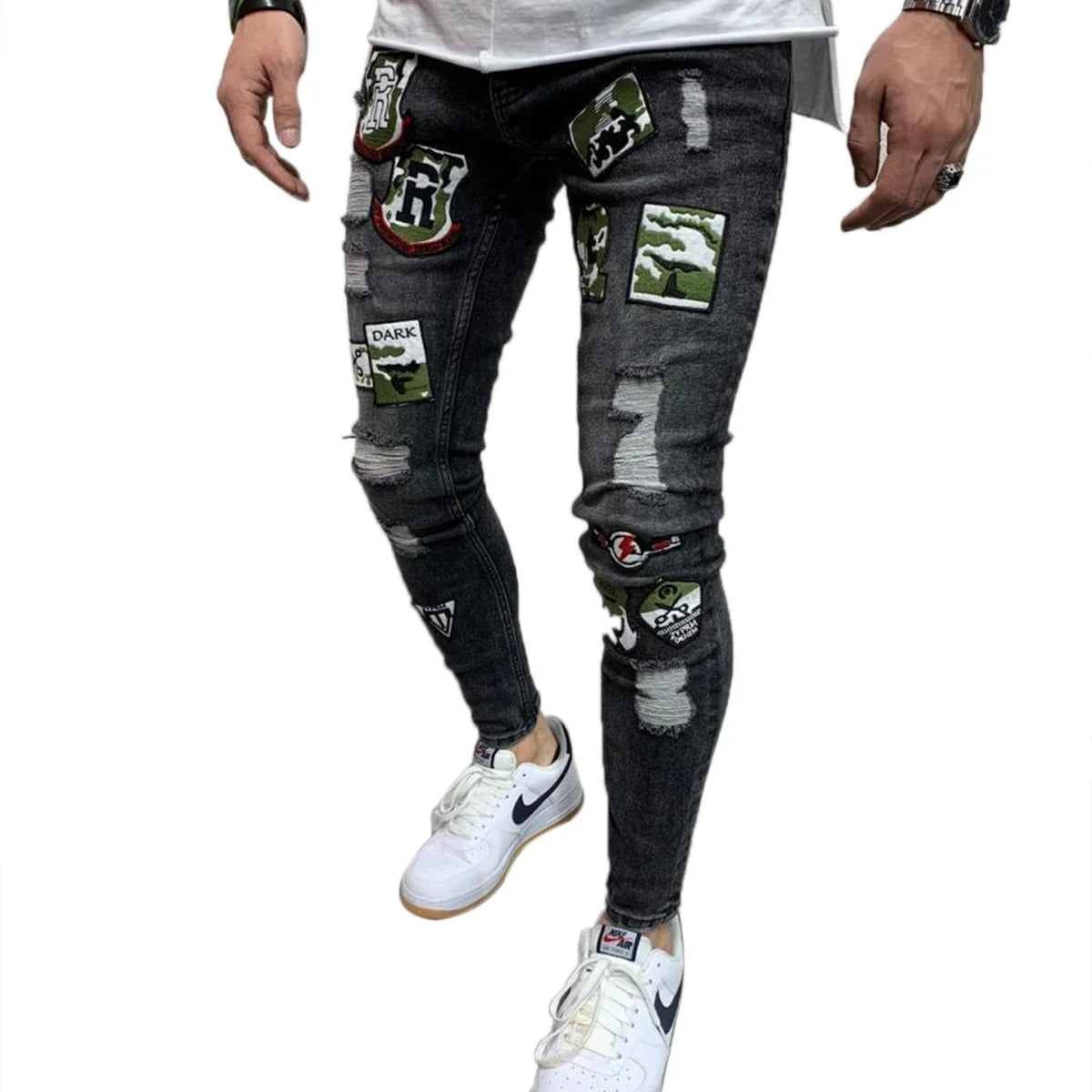 2 Styles Men Stretchy Ripped Skinny Biker Embroidery Print Jeans Destroyed Hole Taped Slim Fit Denim Scratched High Quality Jean
