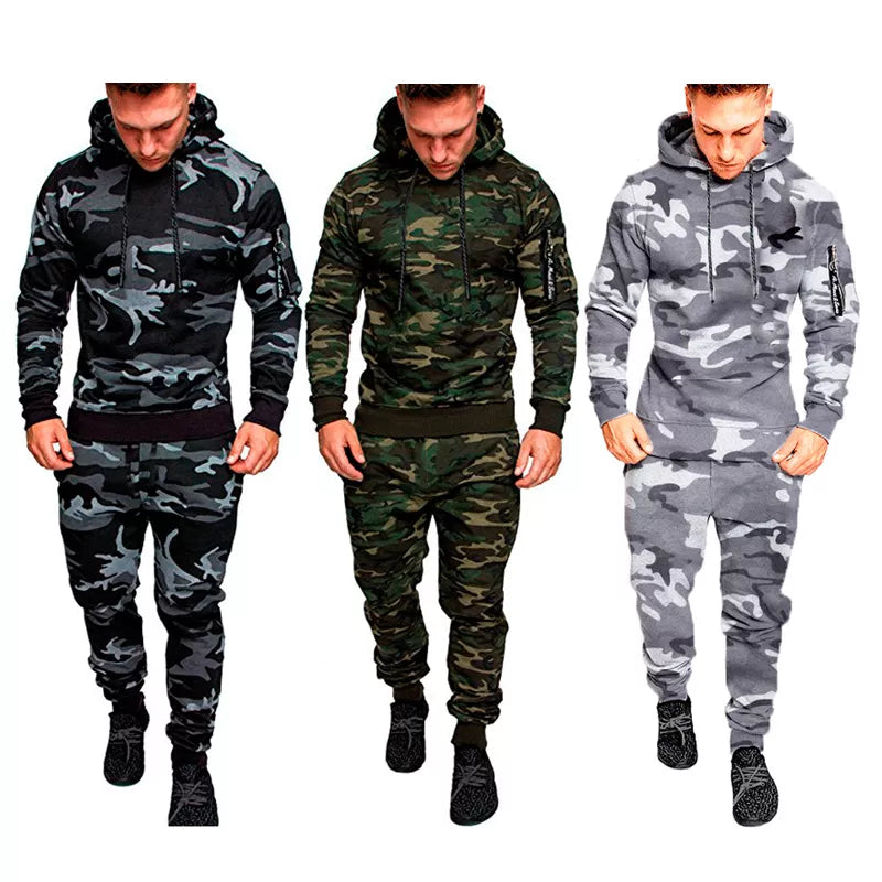 Camo Men Tracksuit Hooded Outerwear Hoodie Set 2 Pieces Autumn Sporting Male Fitness Camouflage Sweatshirts Jacket + Pants Sets