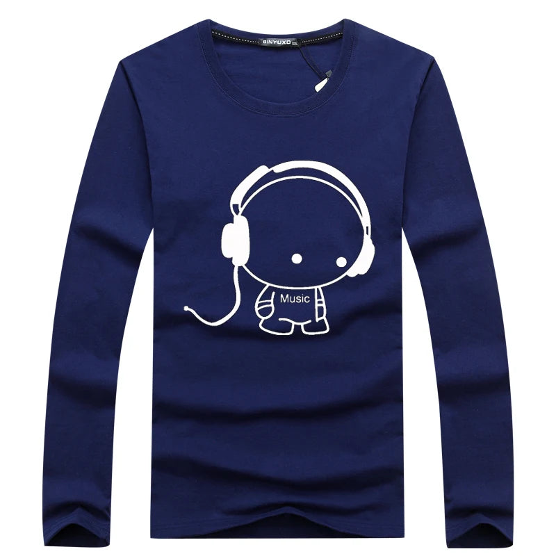 Brand Hot Sale Fashion Men Long Sleeve T-Shirt Casual Rock Headset Earphone Dogs Music Printing Tops Cool O-neck tees