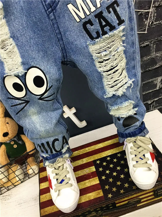 Baby Boys Girls Jeans Pants New 2019 Children Trousers 1-7Yrs Boys Girls Jeans Boys Casual Pants Cartoon Cat Jeans For Kids