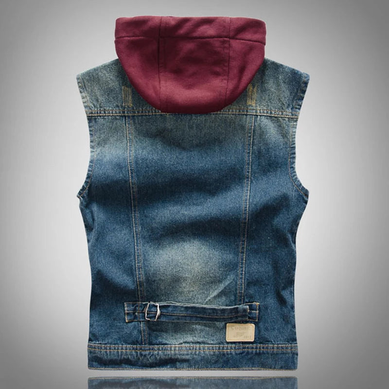 Sokotoo Men's casual detachable hooded denim vest Male slim vintage dark blue coat Tank top Hoodies