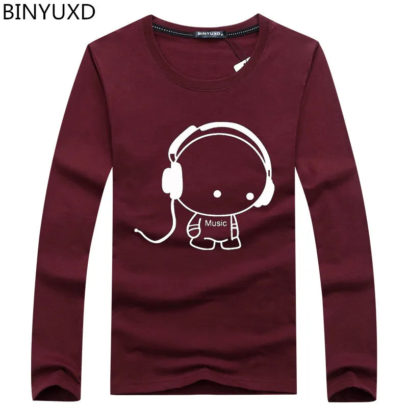 Brand Hot Sale Fashion Men Long Sleeve T-Shirt Casual Rock Headset Earphone Dogs Music Printing Tops Cool O-neck tees
