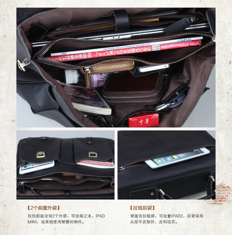 men's leather briefcase men genuine leather briefcases for 15" laptop briefcase tote business Case male man messenger bag Black