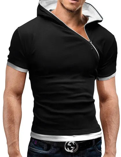 2023 New Men's Zipper Shirt Tops Tees Summer Cotton V Neck Short Sleeve T Shirt Men Fashion Hooded Slim T Shirts