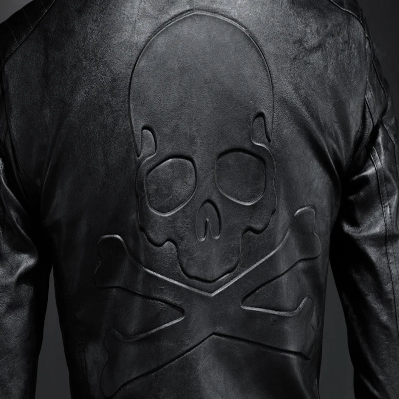2022 new men's motorcycle leather jacket, boomer men slim lapels leather jacket skull punk style high quality