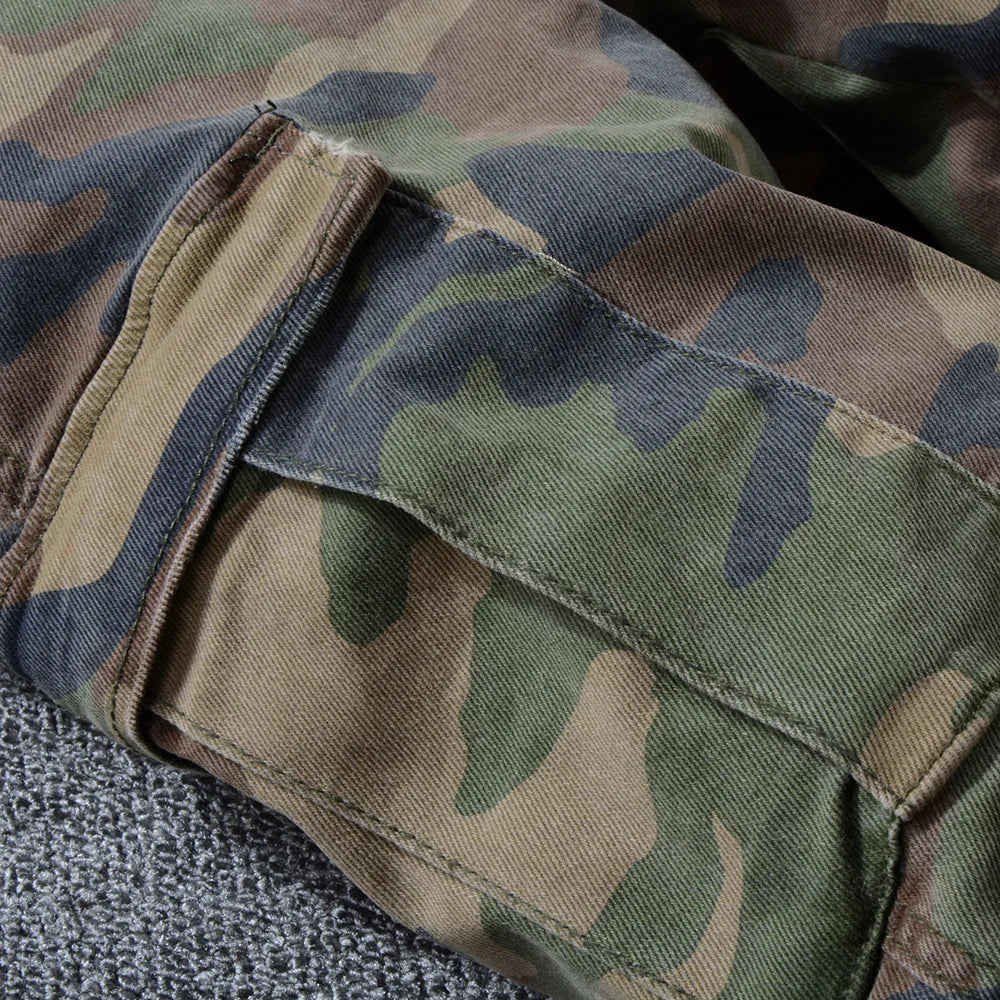 Sokotoo Men's camouflage printed patchwork military biker jeans for moto Slim fit straight army green pockets cargo denim pants