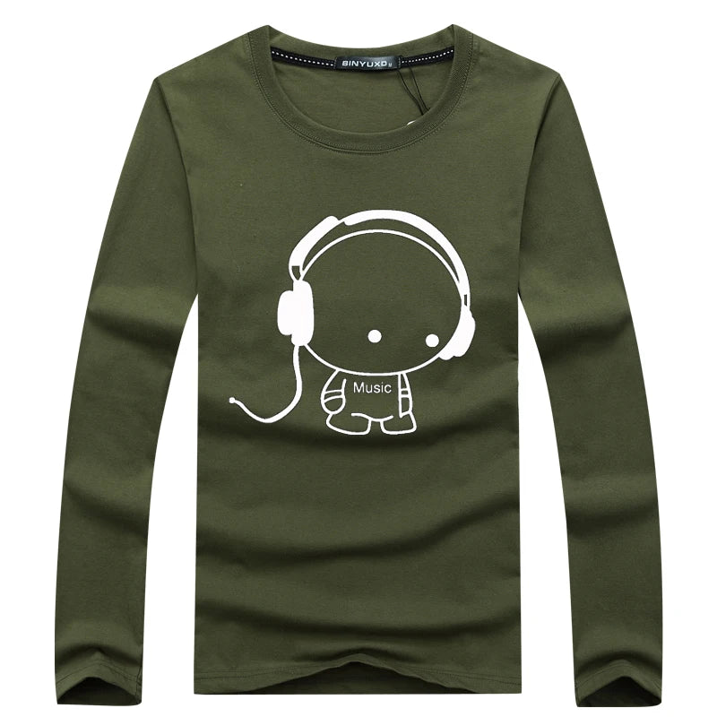 Brand Hot Sale Fashion Men Long Sleeve T-Shirt Casual Rock Headset Earphone Dogs Music Printing Tops Cool O-neck tees